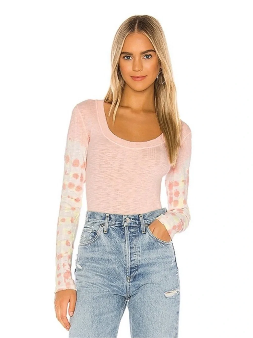 NWT Free People Big Sur Ribbed Knit Tie Dye Long Sleeve Top Pink Rose Size S